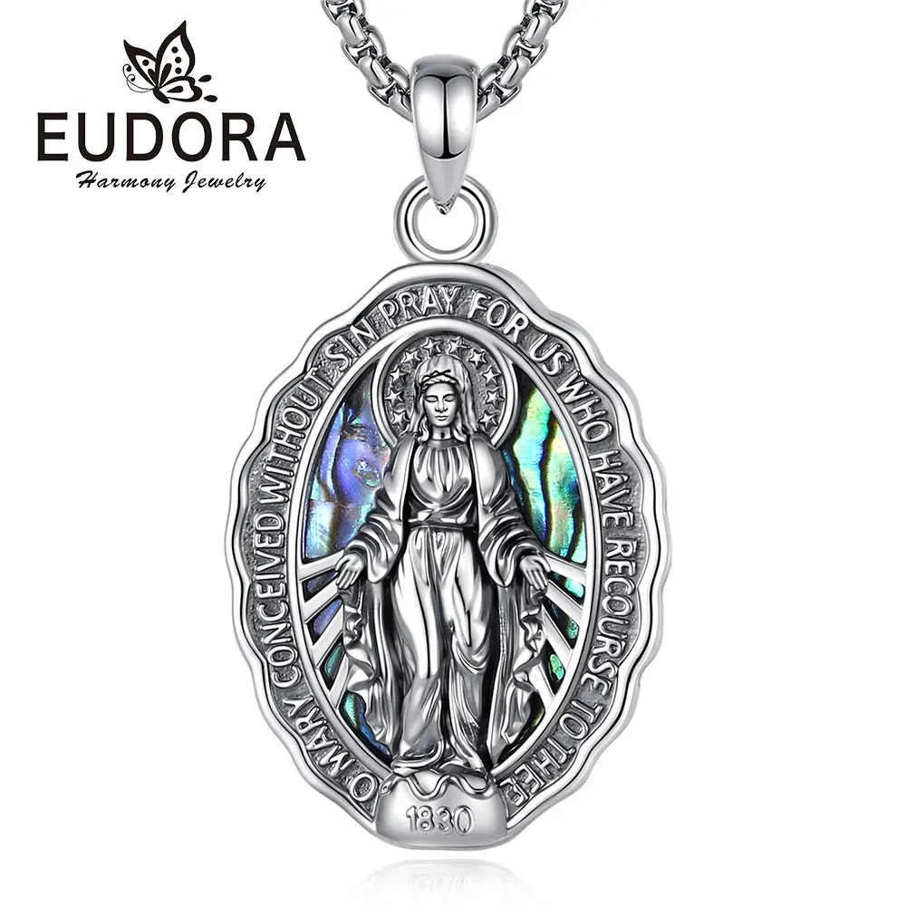 Eudora Copper Virgin Mary Necklace for Woman Man Virgen de Guadalupe Abalone Shell Pendant Religious Jewelry Festival Gift