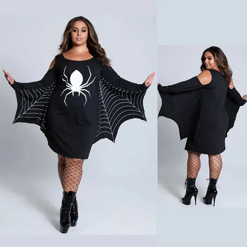 

2024 European and American New European Size Cosplay Spider King Print Dress Black Cotton Loose Am