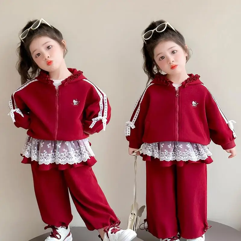 

Sanrio Hello Kitty, пальто, брюки, комплект из 2 предметов, детская весенне-осенняя толстовка с капюшоном, спортивные штаны для девочек, кавайная модная новая повседневная одежда с героями мультфильмов