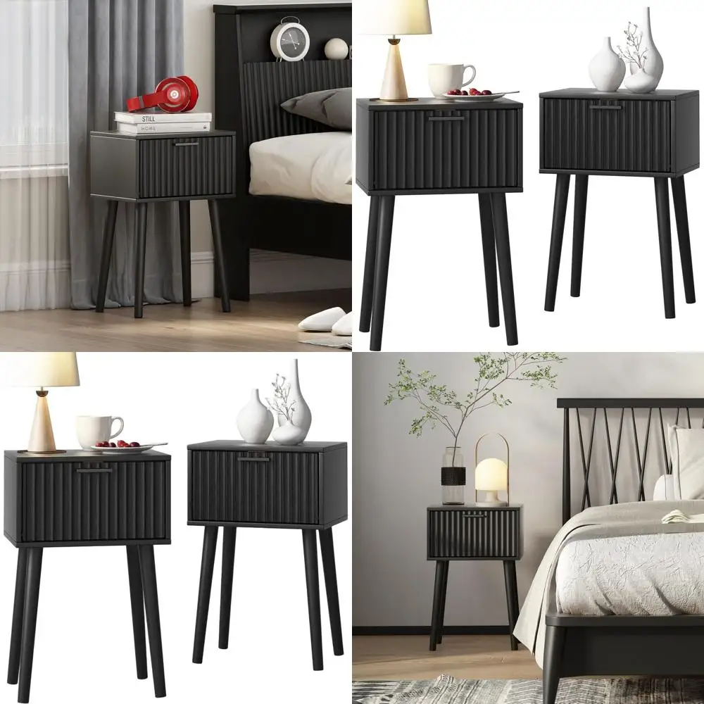

Pair of Modern Small Nightstands, Bedside Tables with Fluted Door, Solid Wood Legs, Suitable for Small Spaces (Black)