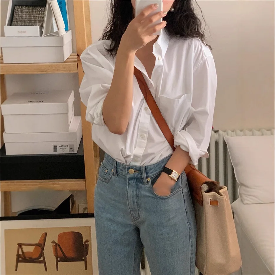 

Повседневная хлопковая рубашка с длинным рукавом для женщин, базовый слой, осень-зима, новинка Sle Han Dong Gate the Barnet, свободный крой, комфортная