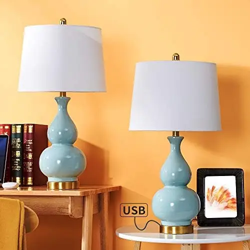 

26" Ceramic Table Lamps with USB Charging Port, 3-Way Dimmable Bedside Desk Lamps Modern Nightstand Lamp with White Shade f