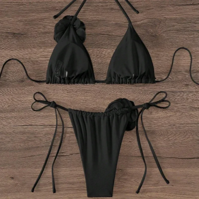 New S - L Sexy 3D Flowers Halter Strappy Bikini Women Swimwear Female Swimsuit Two-pieces Bikini Set Bather Bathing Suit Swim
