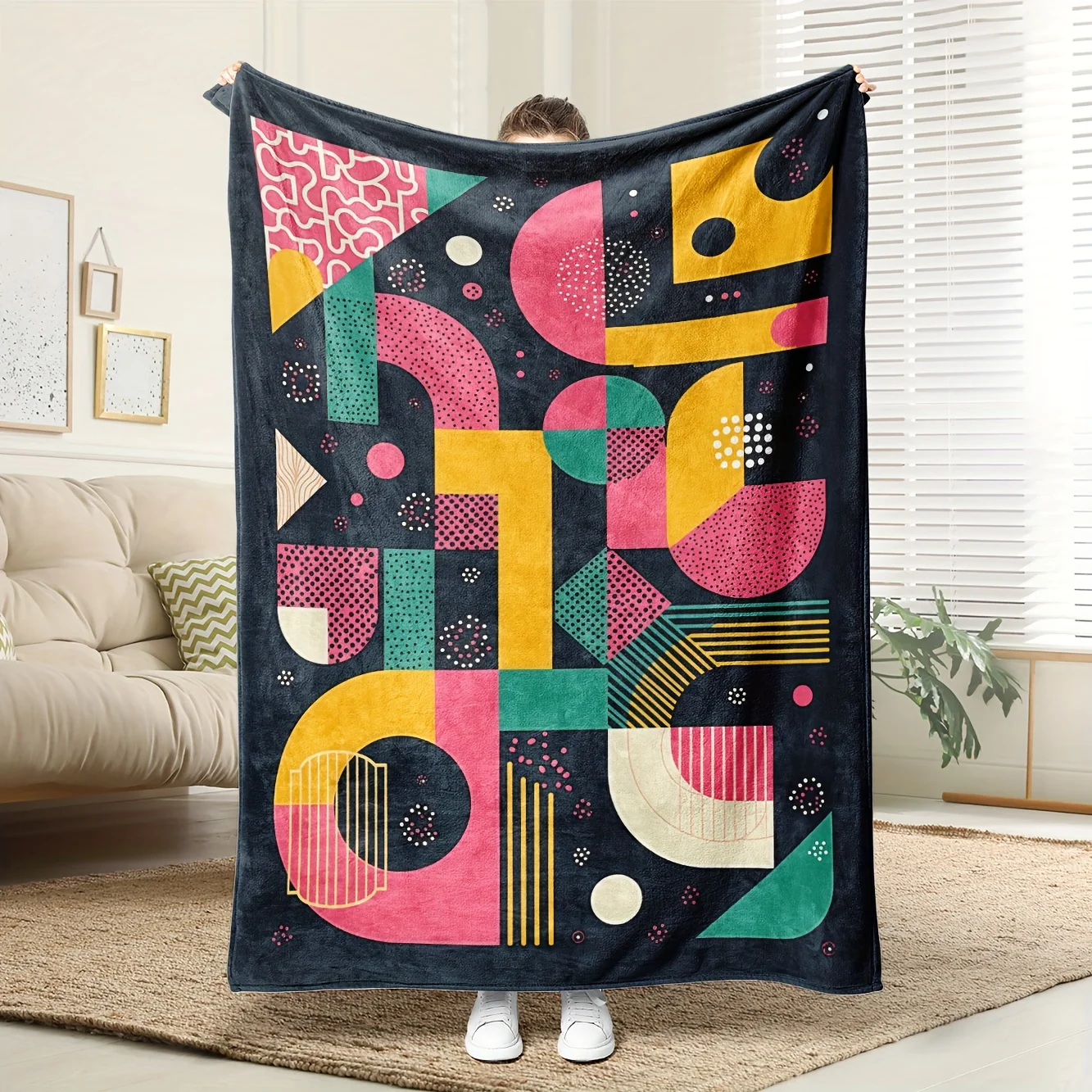 1pc Extra Soft Retro 80s/90s Fleece Blanket - Neon Pink/Green/Blue, 100% Polyester, Machine Washable All-Season Throw