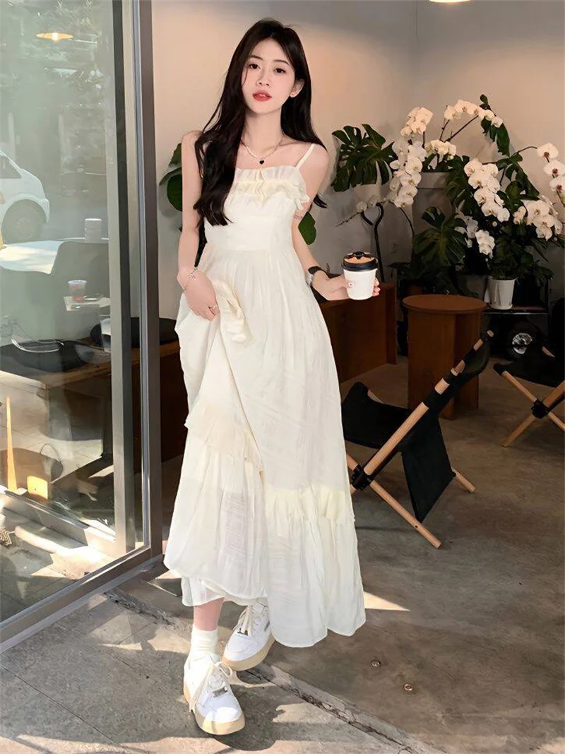 

Women Dress Summer Beige A-Line High Waist Spaghetti Strap Long Dress Beach Holiday Casual Dress Boho