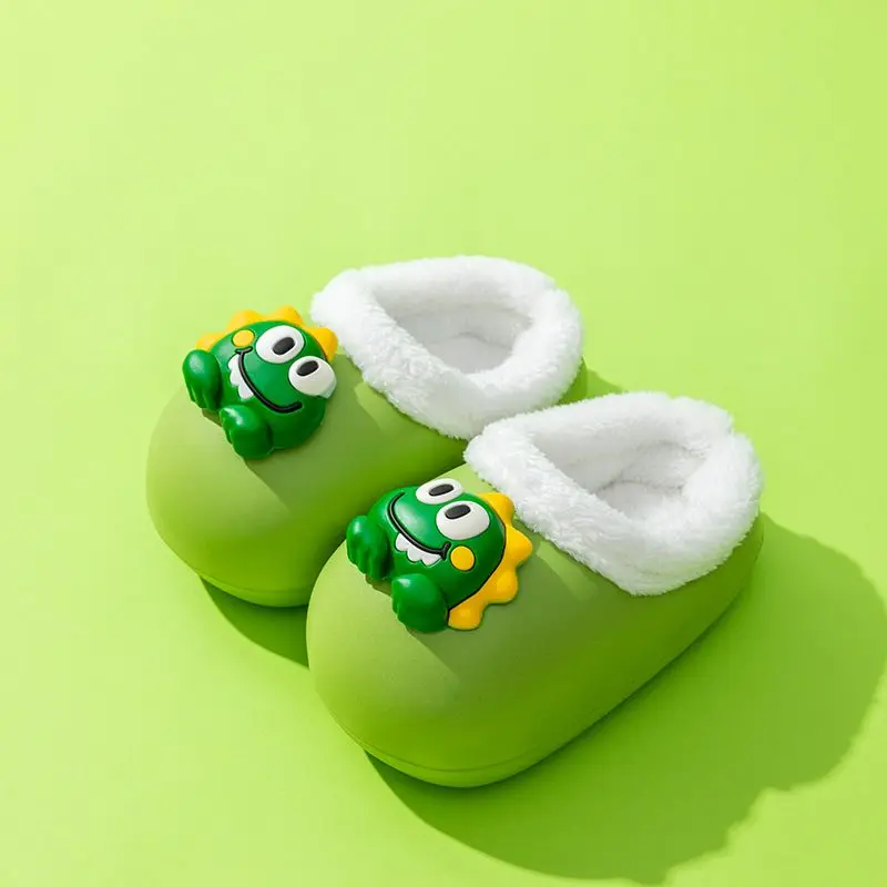

Kids Winter Slippers Warm Fleece Lined Cute Cartoon Design Waterproof Non Slip Sole Closed Toe Indoor Shoes for Boys Girls