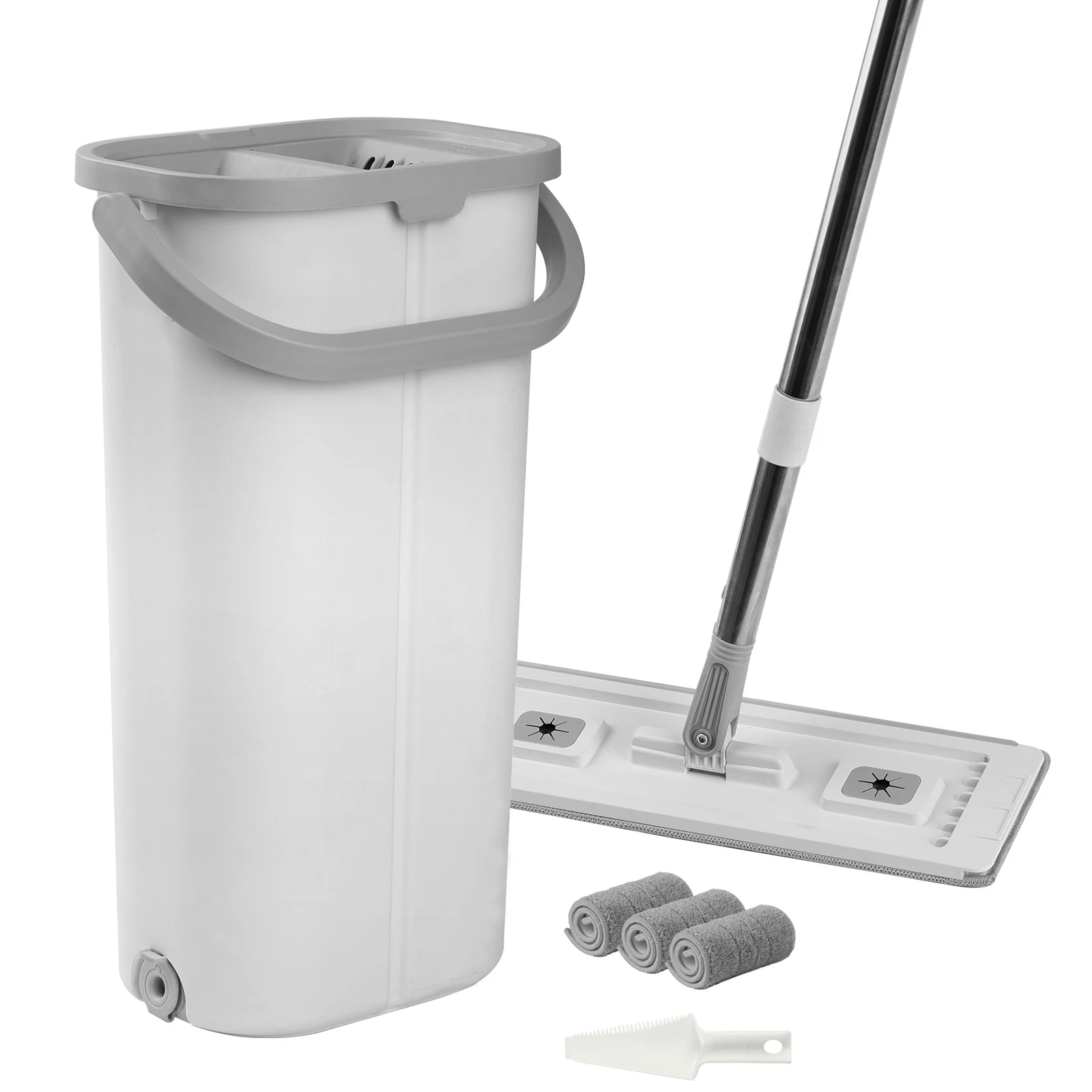 Mop and Bucket Combo, Suitable for Wet & Dry Cleaning, Mop and Bucket Kit with 3 Reusable Microfiber Pads, Flat Mop with Durable