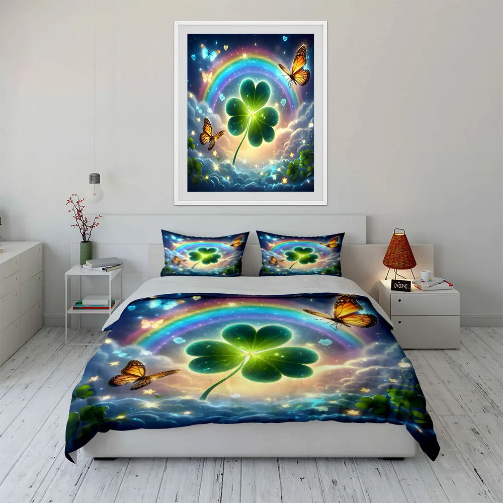 Clover and Rainbow Fantasy Print Soft Comfortable Duvet Cover Bedding Set Included 1*Duvet Cover  2*Pillowcases Luxury gifts