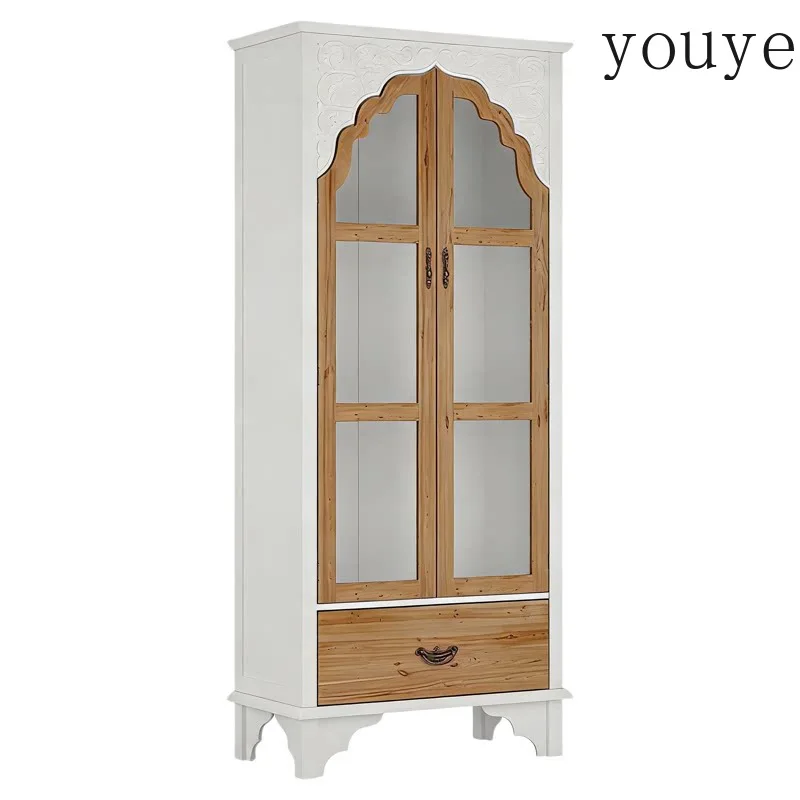 ES French vintage carved sideboard American-style light luxury solid wood bookcase, natural wood-style two-tone glass door