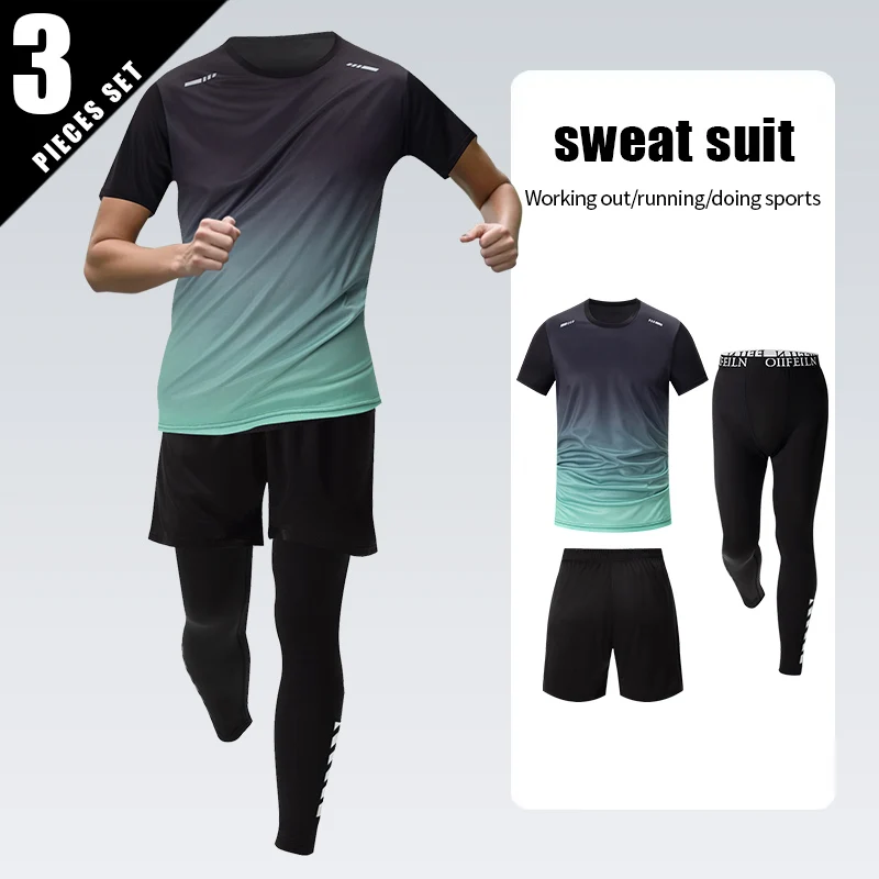 2/3pc Men's Quick-drying Sports Gradient Suit Leisure Running Fitness Short Sleeve Comfortable Breathable Long Pants Joker Short