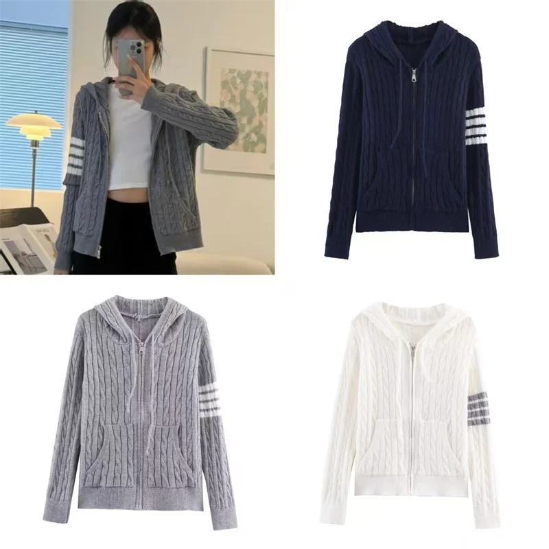 Cardigan tricoté à fleurs torsadées pour femme, pull à manches longues, cordon de serrage, capuche, fermeture éclair, Streetwear, manteau mignon