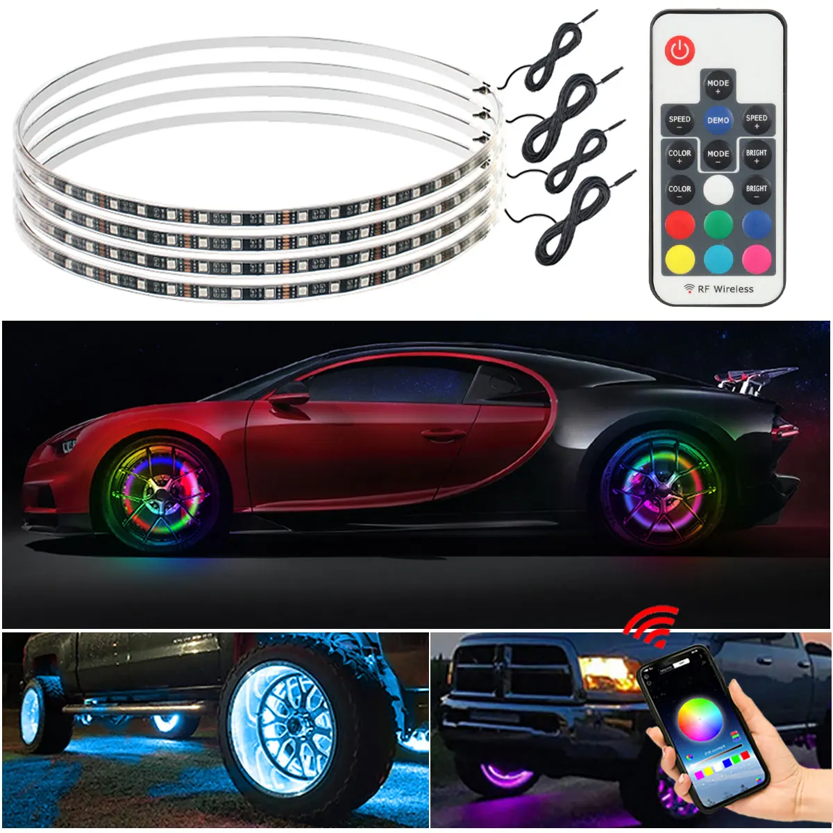 

Symphony LED Car Hub Lamp 4PCS APP Remote Control Waterproof Neon Wheel Ring Car Decorative Atmosphere Ambient Light 12V