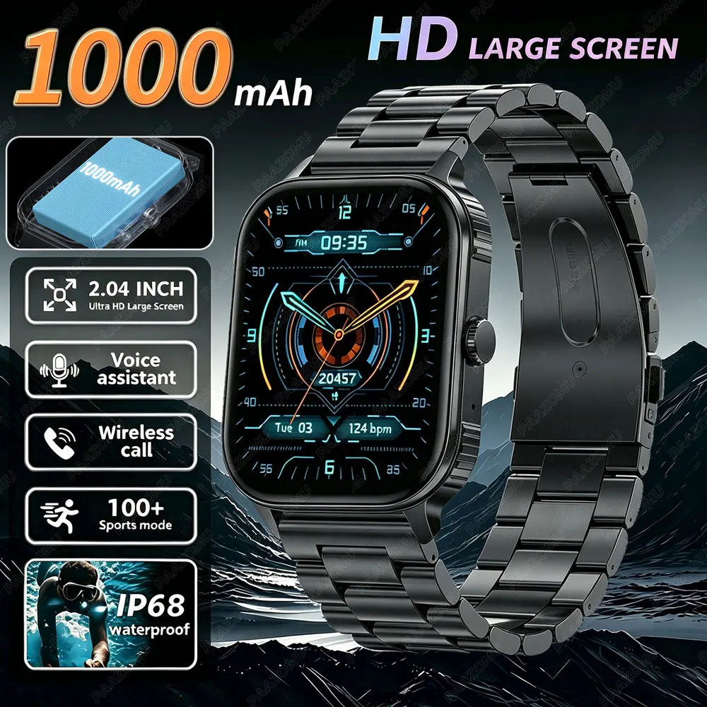 

Новые умные часы для мужчин с батареей 1000 мАч, длительным временем работы, водонепроницаемостью IP68, измерением пульса, поддержкой Bluetooth-звонков, большим аккумулятором, спортивные смарт-часы для активного отдыха.