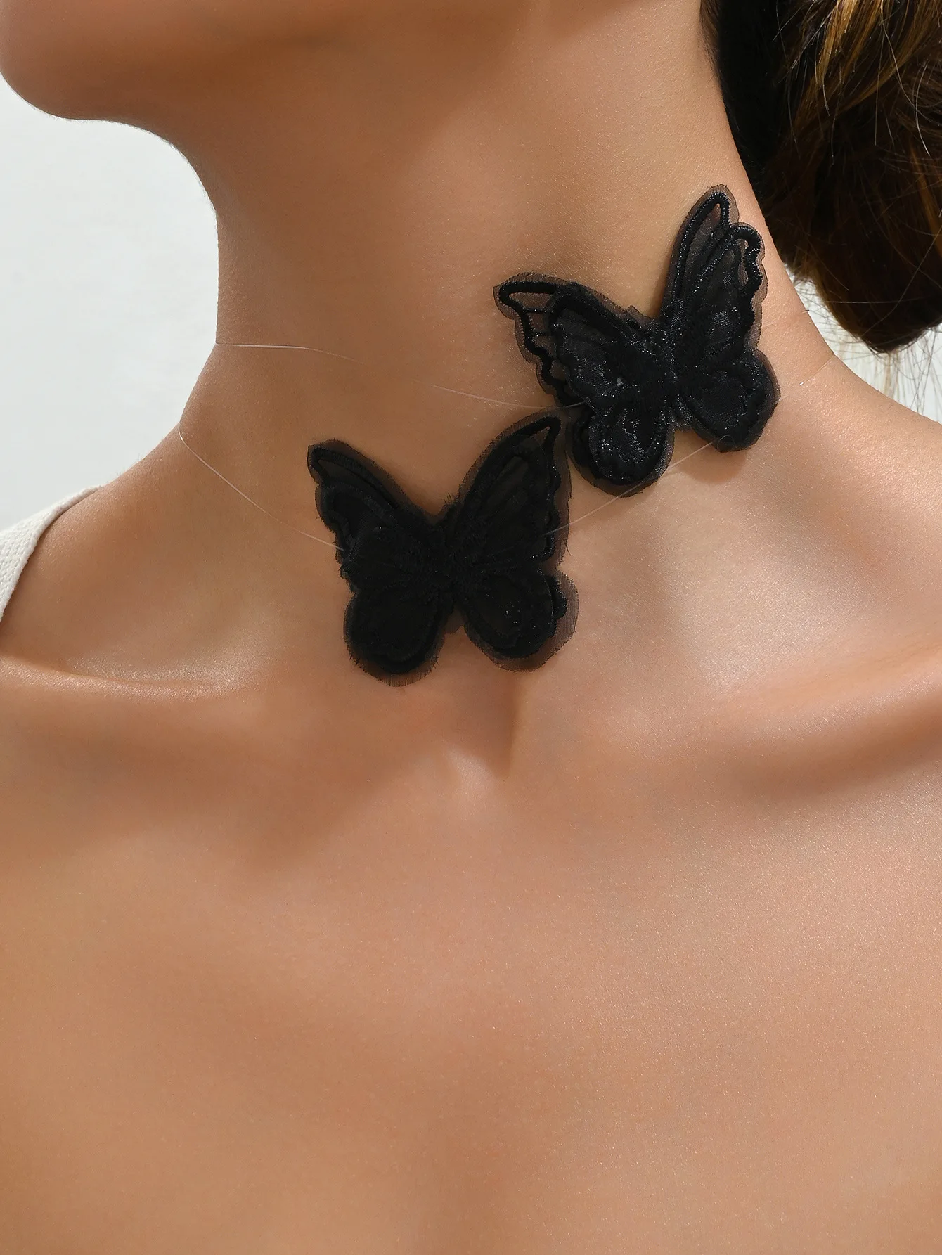 European and American personality Goth style fishing line woven choker hollow-out multi-layer tulle fabric butterfly neck neckla