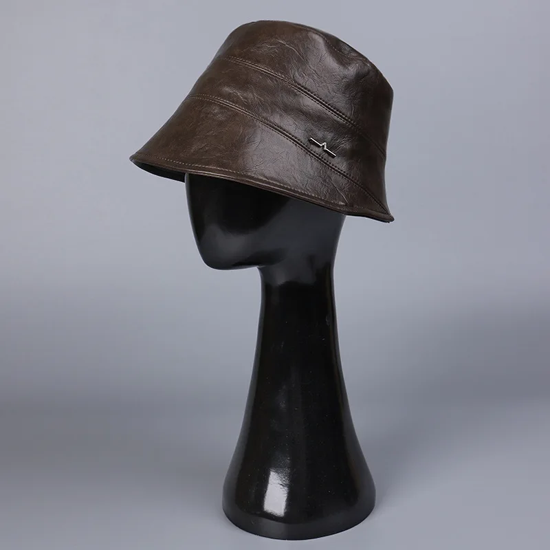 Bucket Hat Faux Leather Women Brim Cap Accessory For Autumn Spring Warm Sun Protection Hiking Climbing Holiday Outdoor