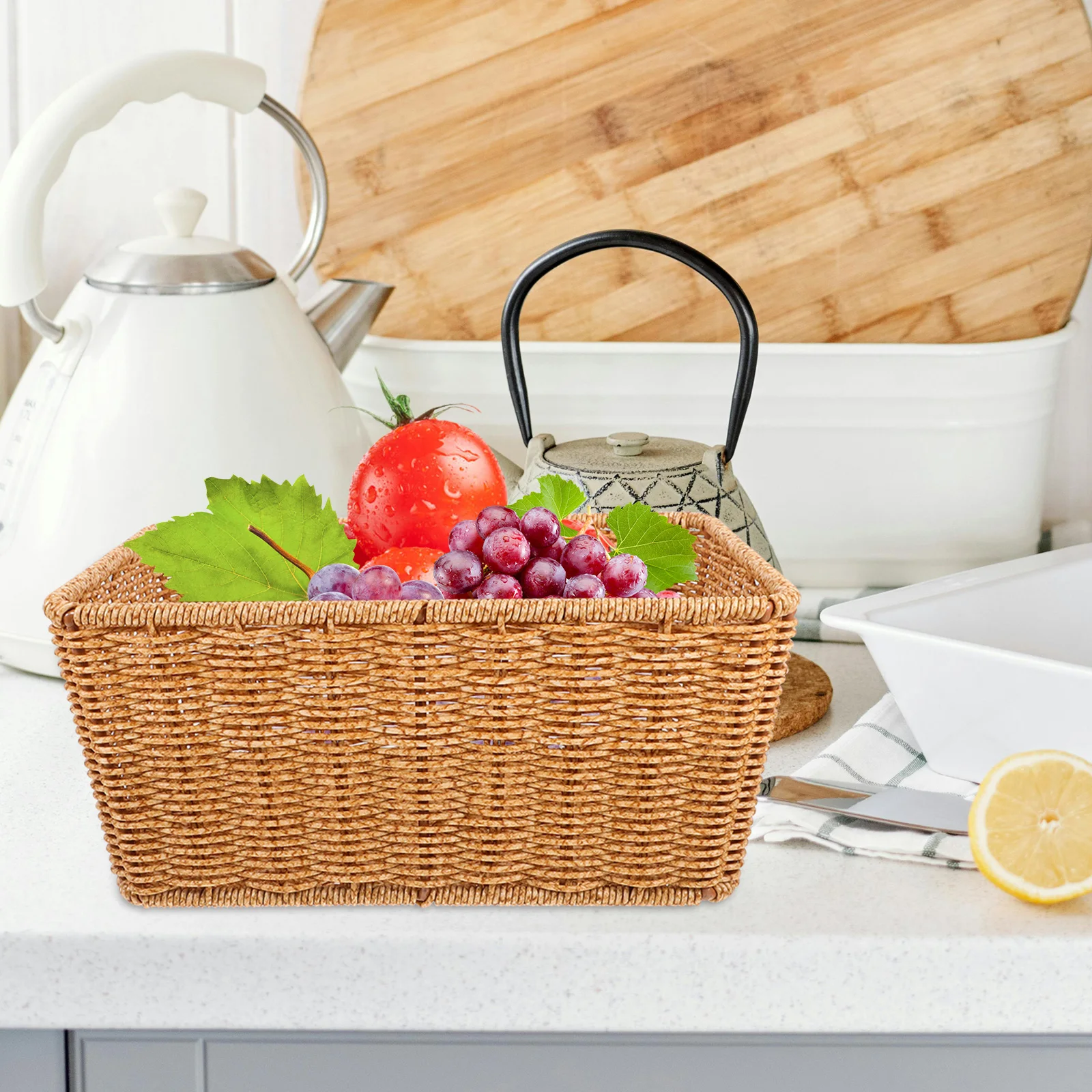 

1pcs Fruit Display Basket Tall Narrow Woven Storage Basket For Kitchen Snacks Magazine Rack Floor Faux Rattan Organizer Shelf