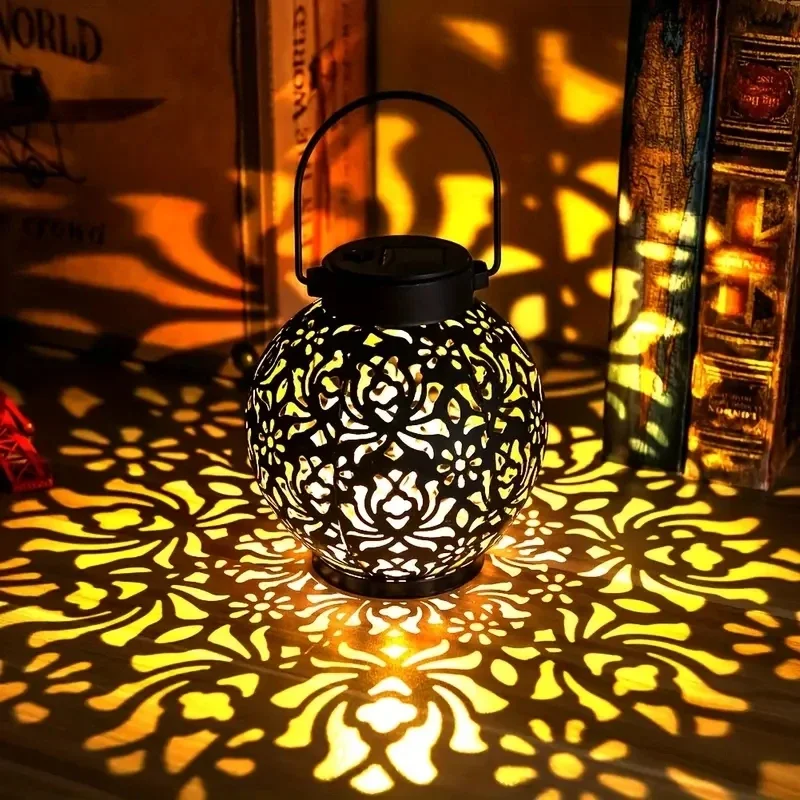 

Outdoor Solar Garden Light Iron Hollowed Out Peony Flower Ball Projector Light Waterproof Hanging Hollow Pathway Solar Lamp