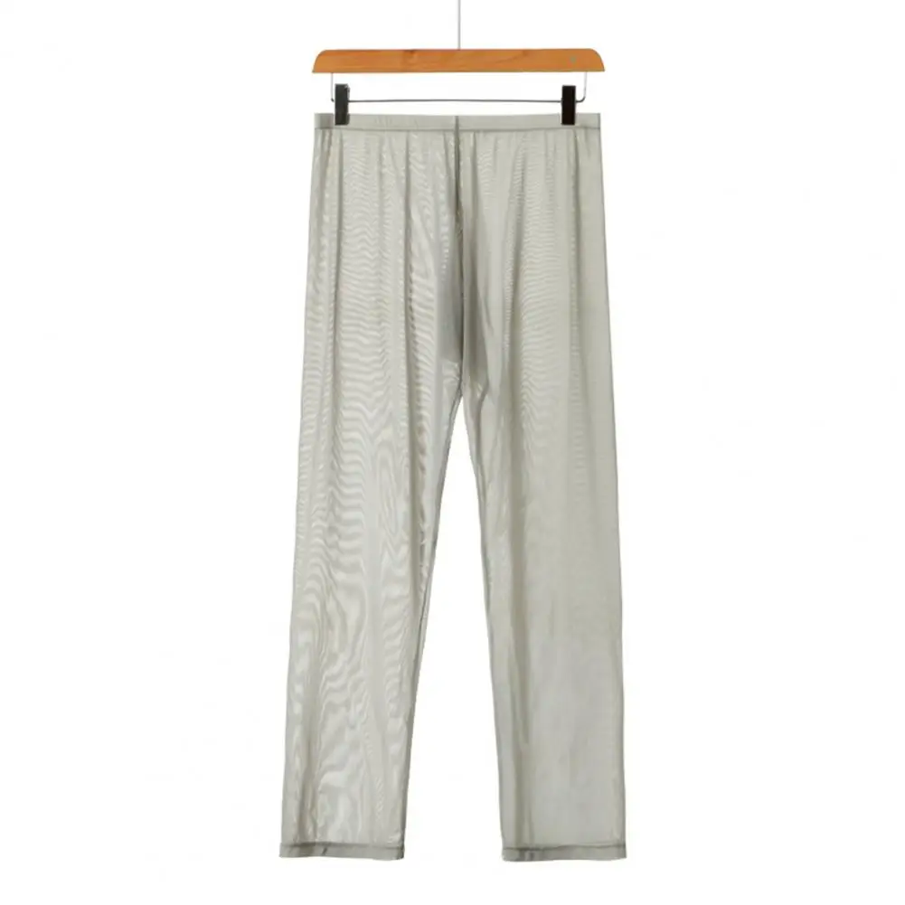 Men Pajama Pants See-through Ice Silk Casual Trousers Soft Mid Waist Elastic Homewear Pants Solid Color Bottoming Pants
