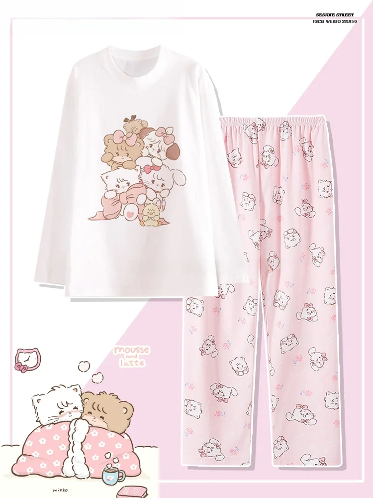 

Pure Cotton round Ne Spwear Women's Long Sve Long Pants Cute Bear Home Clothes Cartoon Sle Print Home Suit