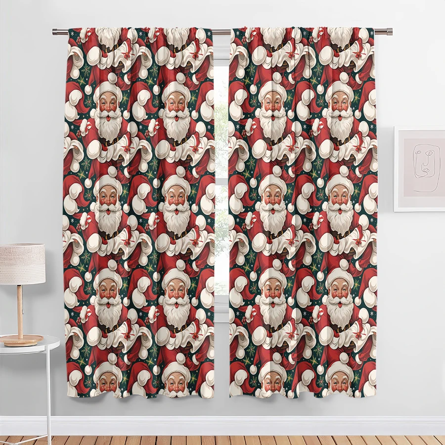 2PCS Santa Claus Repeat Pattern Curtains, Dark Green Red Christmas Holiday Window Drapes for Bedroom Living Room Decor