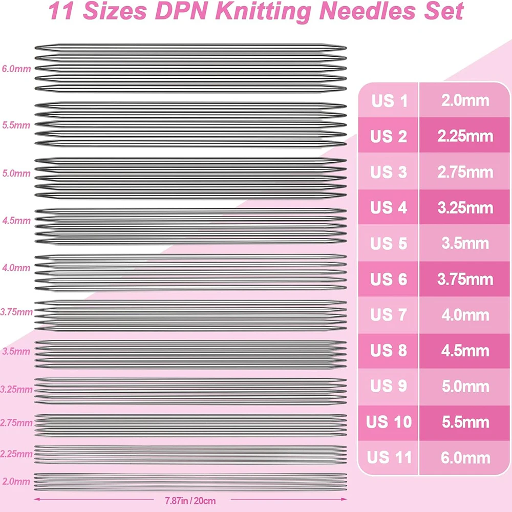 55pcs Double Pointed Knitting Needles 11 Sizes Stainless Steel Knitting Needles Set 2.0-6.0mm Knitting Kit Sweater Needle Set