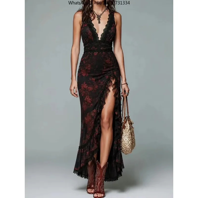 Women Deep V Neck Sleeveless Maxi Dress Print Ruffles Lace Patchwork Slim Fit Summer Party Holiday Streetwear