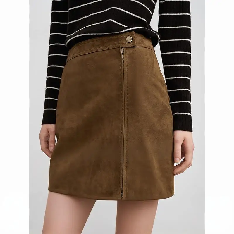 

100% Real Leather Skirts for Women 2025 Fall Winter New Goatskin Suede High Waist Two-way Zipper Female Coffee Mini Short Skirts