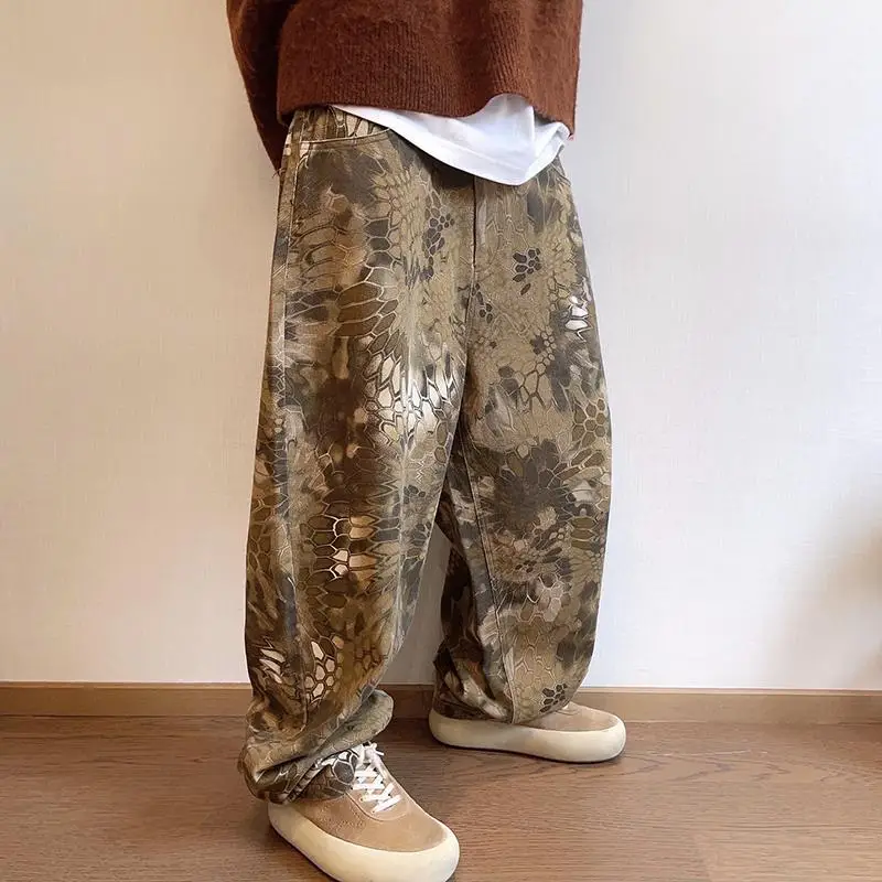 

Large Size Canvas Snake Skin Camouflage Washed Casual Pants Men's Autumn Winter American Retro Cool Straight Leg Trousers