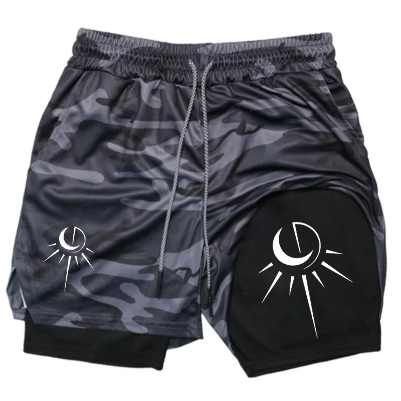 

Sun and Moon Print Performance Shorts Men 2 in 1 Running Compression Shorts Training Gym Sportswear Workout Shorts with Pockets