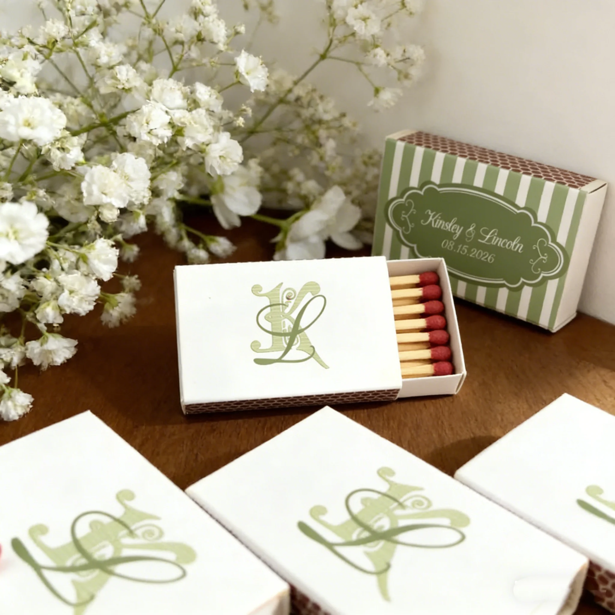 Cajas de Cerillas Personalizadas con Iniciales y Rayas Verdes, Elegantes Recuerdos de Boda, Regalos Personalizados para Despedida de Soltera y Invitados de Fiesta