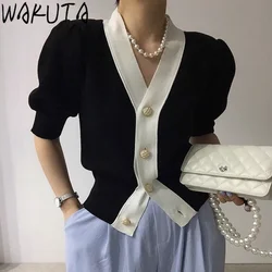 WAKUTA Summer Elegant Puff Short Sleeve Cardigan Women 2024 Korean Design Solid Single Breasted Chic Knitted Tops Ottfice Lady