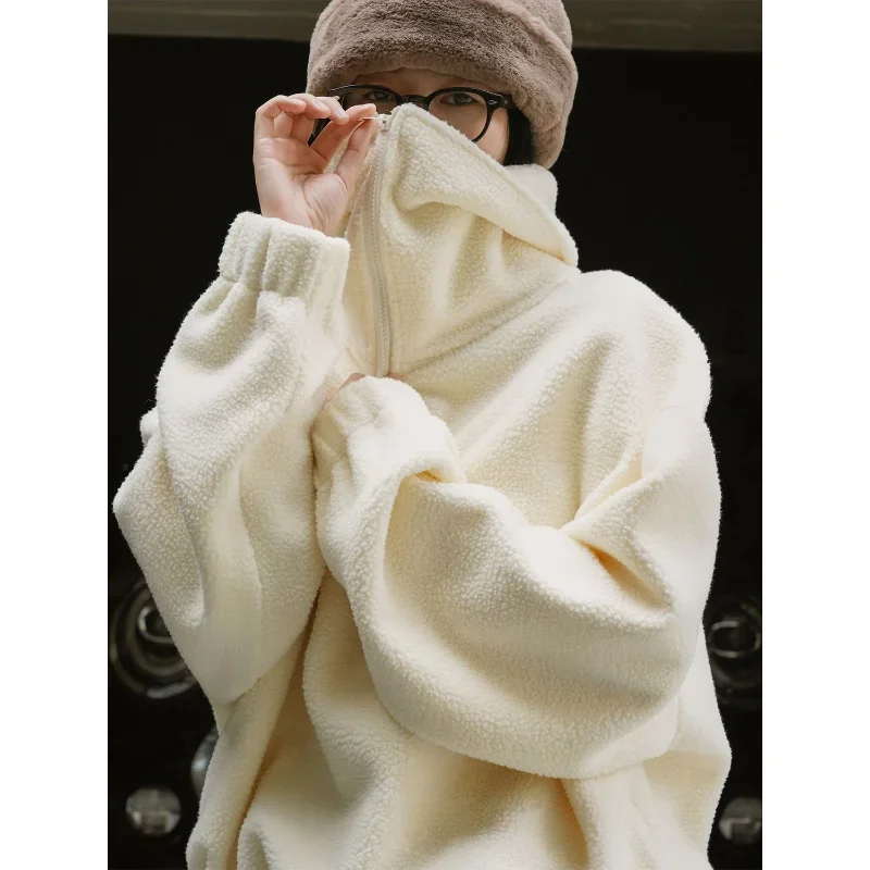 Women Winter Polar Fleece Sweater Zipper Pullover Retro Fashion Loose Large Lapel Lazy Soft Milky Thick Sweatshirt Clothes Coats