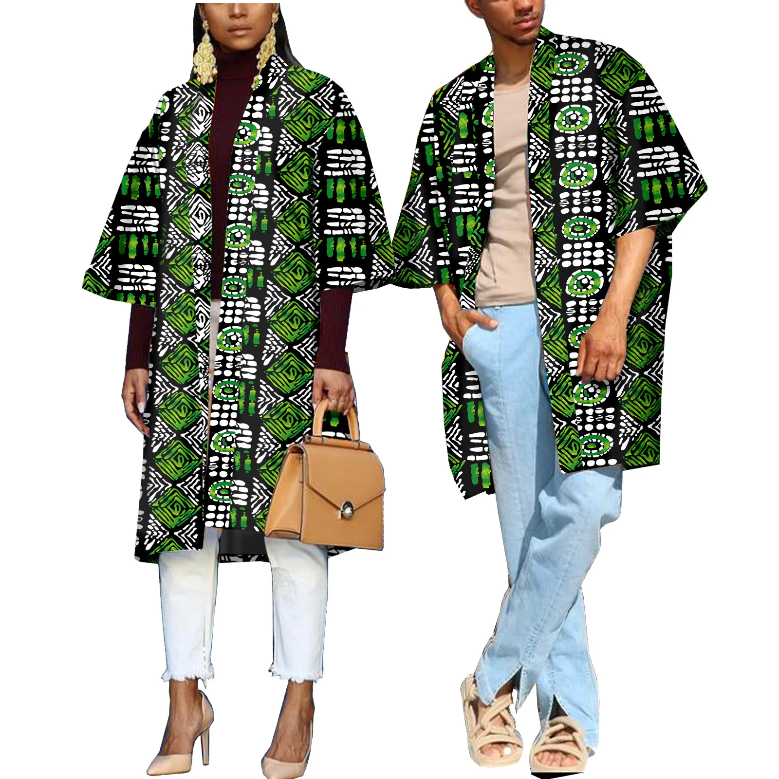 Afrikaanse Paar Outfits Cape Print Open Voorkant Blouse Dashiki Heren En Vrouwen Casual Jas Outwear