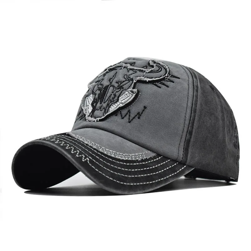

New High End Pure Cotton Washed Coated Baseball Cap Snapback Hat Bull Head Embroidered Hat Sunshade