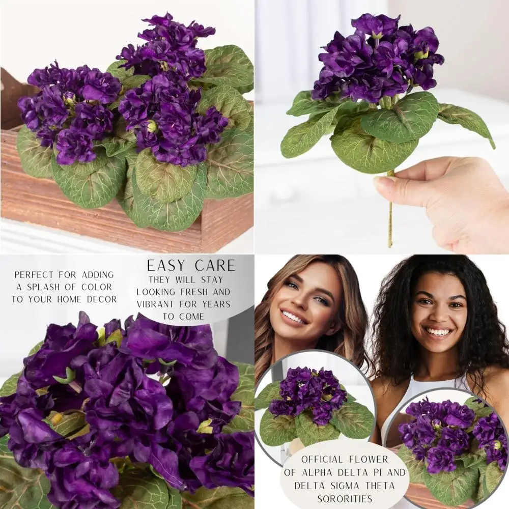 

Purple African Violet Artificial Silk Flower Bushes - Set of 3 Individual Fake African Violet Plants