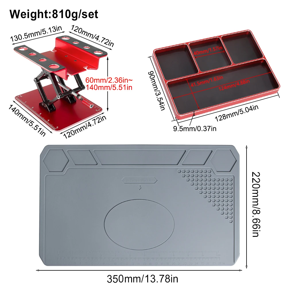 RC repair bench display stand with screw tray, silicone work mat, suitable for 1/10 and 1/12 remote-controlled vehicles.