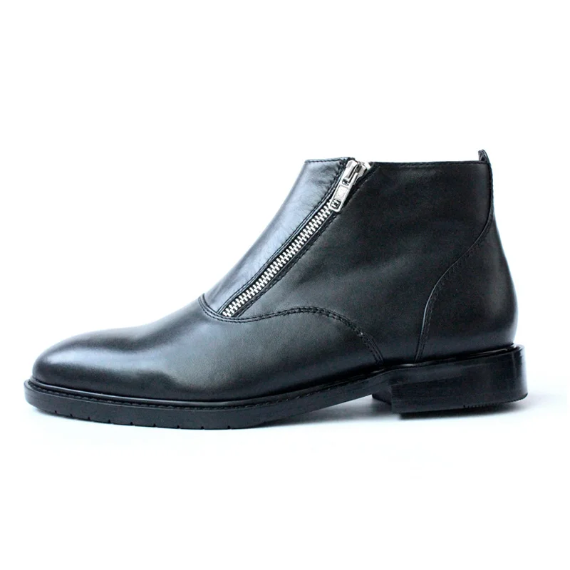 Men Black Genuine Leather Side Zip Ankle Boots Round Toe Low Heel Minimalist Business Formal Fashion Short Dress Chelsea Boots