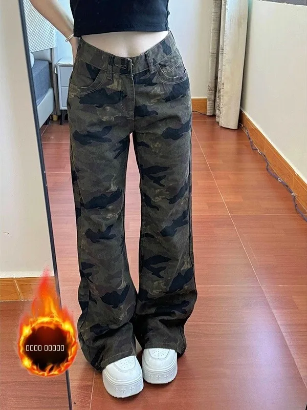 

Джинсы-клеш женские Thiened Fce с камуфляжным принтом, низкой посадкой, теплые, осенне-зимние, широкие, в пол