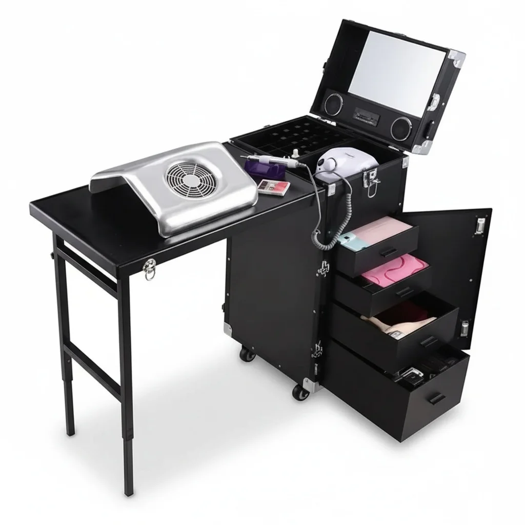 Foldable Manicure Table with Aluminum Trimming, Rolling Makeup Case, 830*420*290mm, Portable Nail Desk, Cosmetic Storage Case