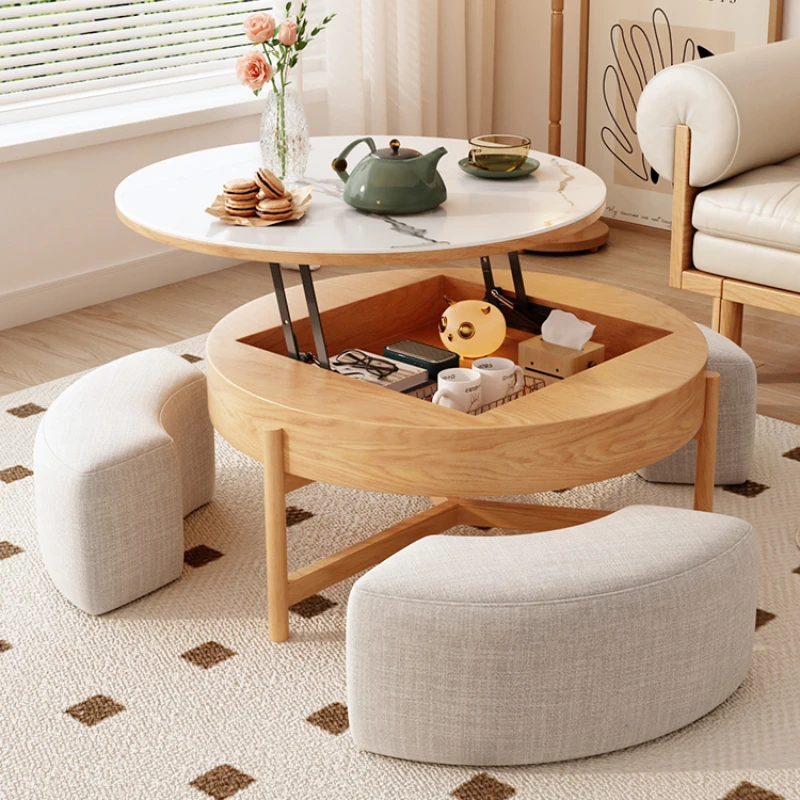 

Japanese-style log wind circular lifting coffee table rock plate modern simple household small-sized multifunctional