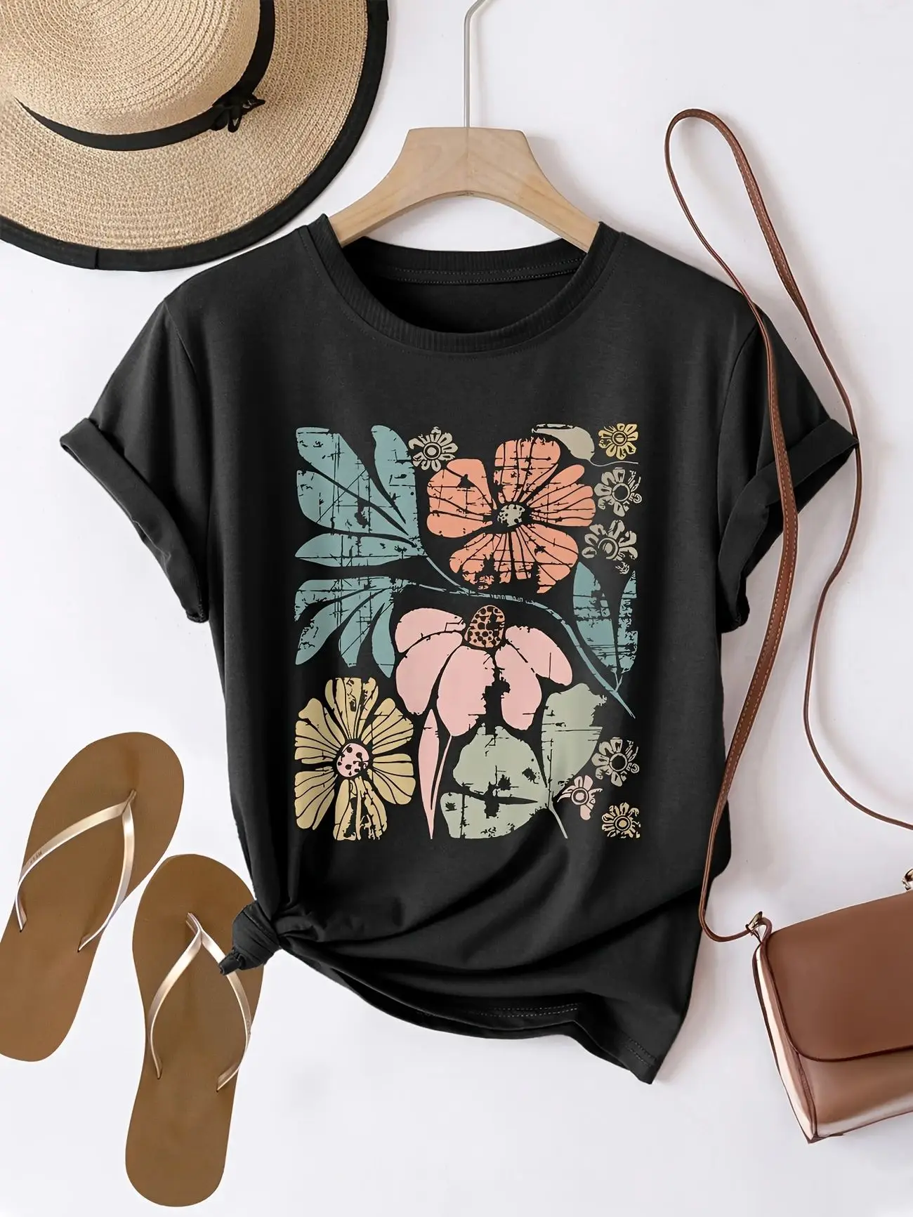 

Plus - Size Vintage Floral Graphic Tee, Short - Sleeve with Colorful Flowers Print