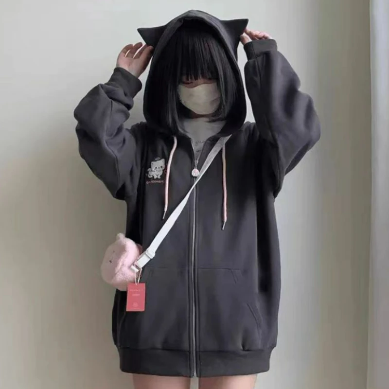 Korean Style Gray Solid Harajuku Hoodies Women Casual Loose Y2k Cuteore Girls Cartoon Embroidery Zipper Hoodes Sweatshirt 2024