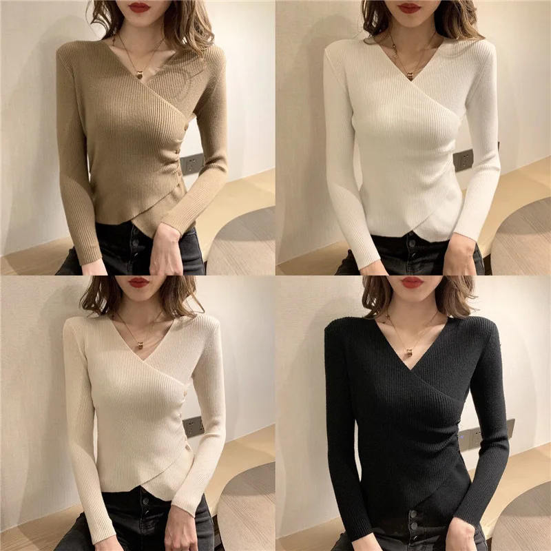 2022 Autumn Winter Women Sweater Knitted Pullovers V-neck Slim Fit Bottoming Solid Soft Knitwear Jumpers Basic Sweaters Woman