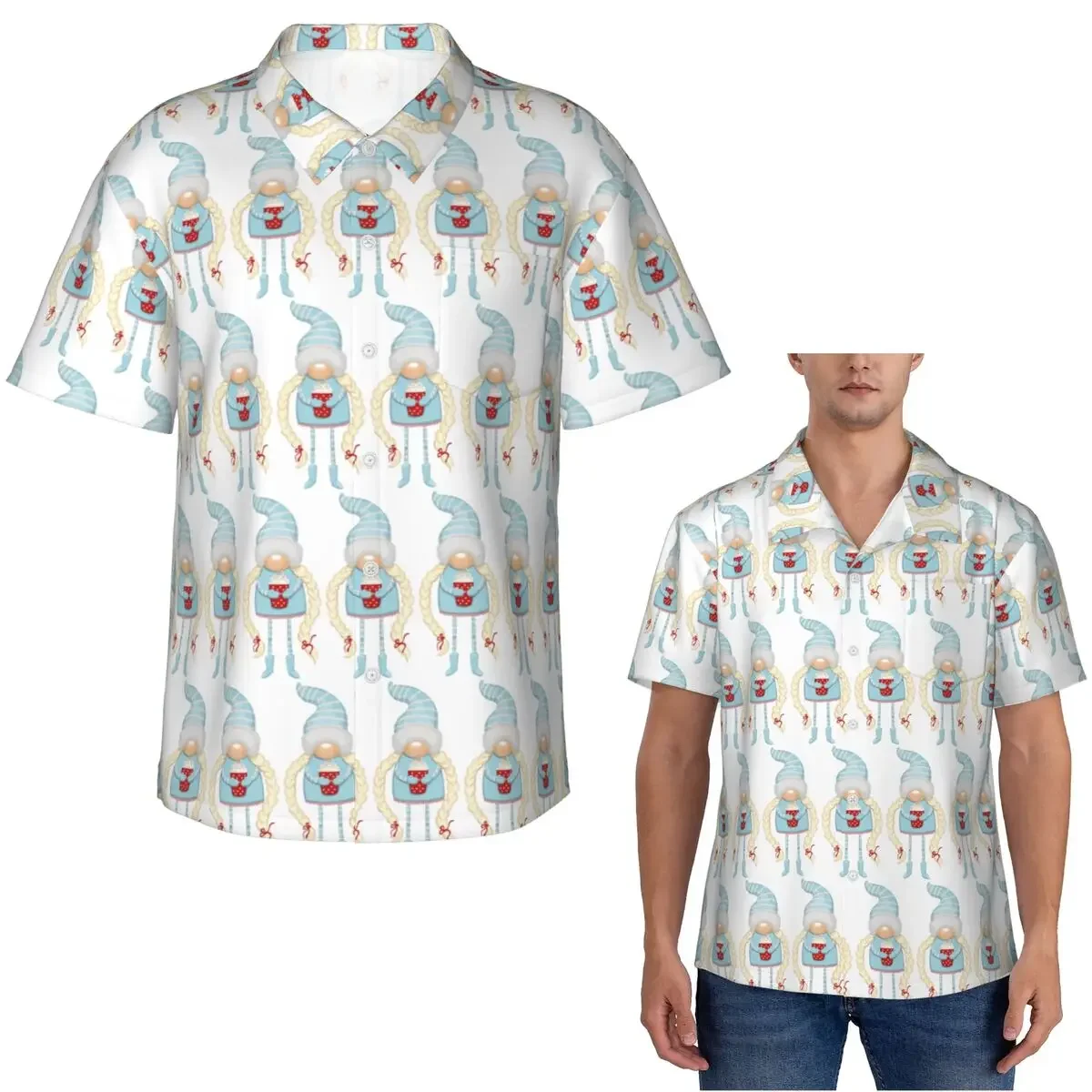 Christmas Gnome With Coffee Hawaiian Shirts Fashion Men Short Sleeve Shirt for Summer Beach Men's Lapel Tops