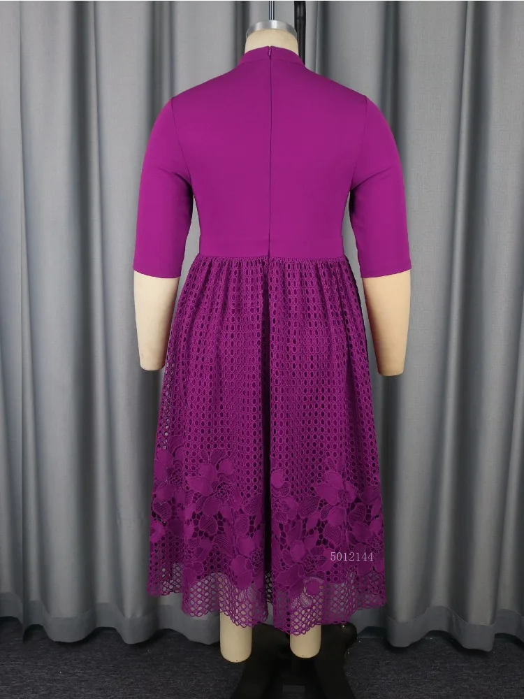 Vestidos midi de talla grande con cuello levantado y mangas 3/4 para mujer con dobladillo de encaje floral para eventos de iglesia y reuniones elegantes