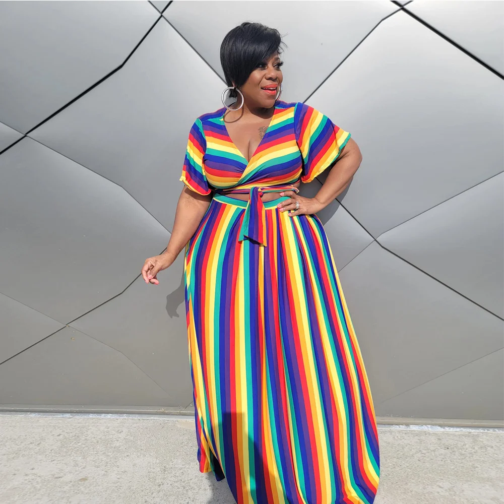 

Plus Size Women's Suits 2023 Rainbow Stripe Large Size Suit New Trend Short Sleeve Sexy Suit Fashion Casual Female Clothes