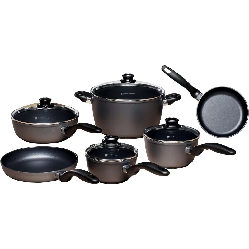 10 Piece Nonstick Cookware Set - Diamond Enforced Aluminum Non Stick Pots and Pan Set, Dishwasher Safe and Oven Safe Pans Set