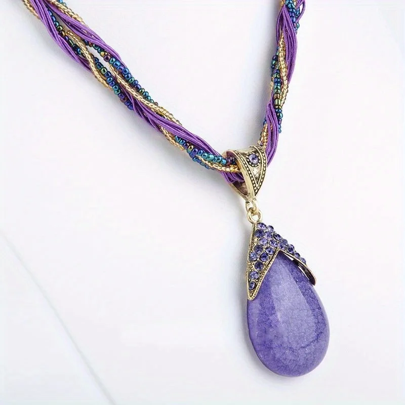 

Vintage Necklace Braided Chain Droplet Shaped Pendant Necklace for Women