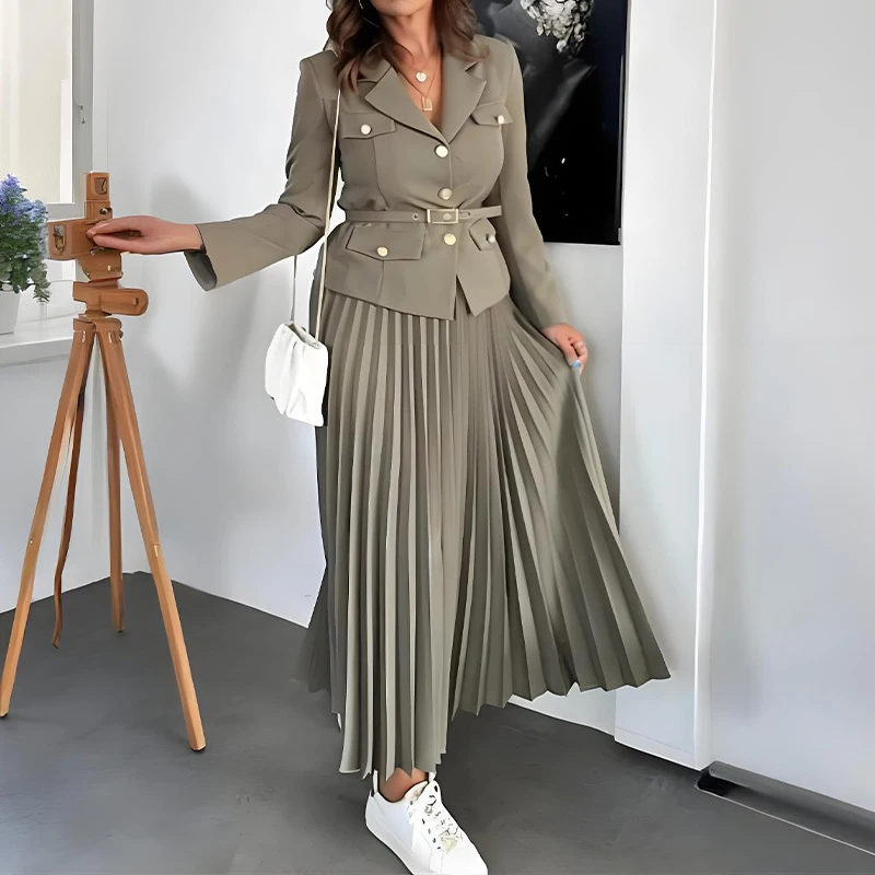 2025 Spring Long Sleeved Jacket and Skirt Suit Simple Solid Color Slim Commuting Outfit Elegant Temperament Slim Women's 2pc Set