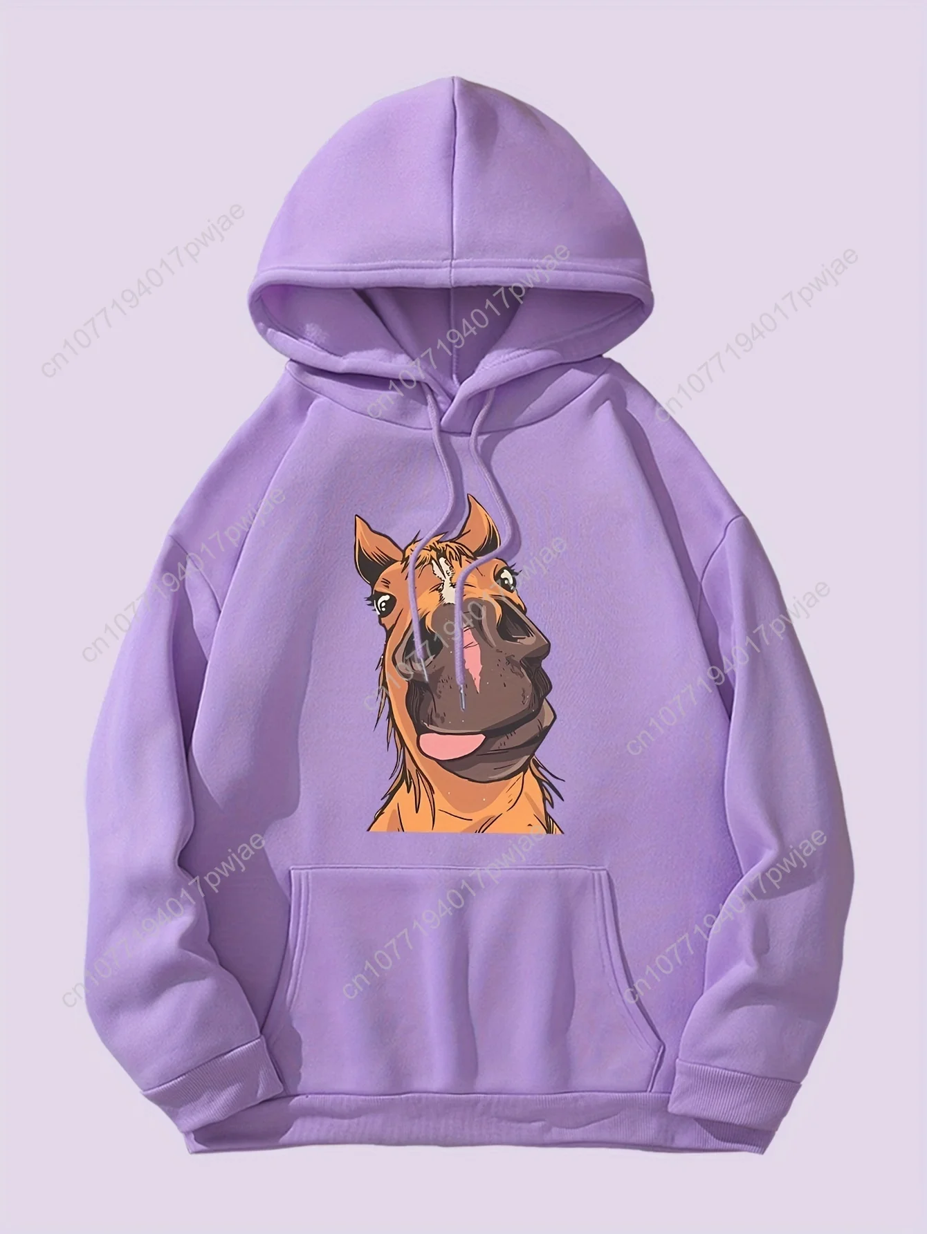 Moletom com capuz feminino com estampa de cavalo de desenho animado chique de poliéster elástico macio – pulôver casual com bolsos, perfeito para outono/inverno